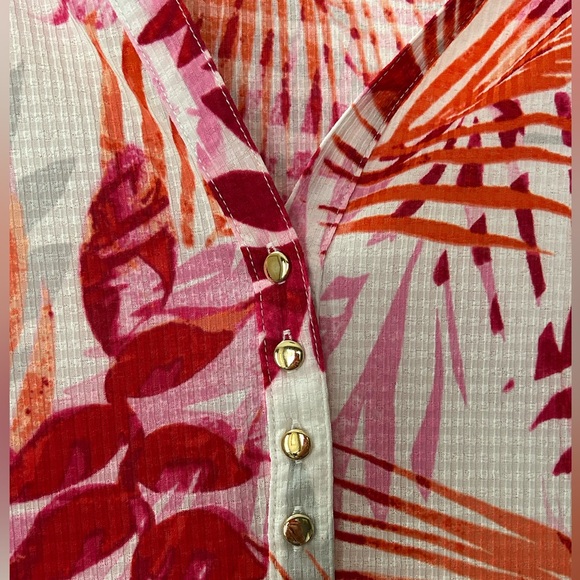Emily Daniels 3/4 Ruched Sleeve V Neck Palm Leaf Red Orange Pink Blouse Size M - Picture 6 of 10